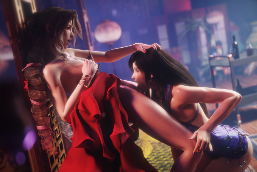 2_girls 3d aerith_gainsborough black_hair brown_hair final_fantasy pussylicking son_umbasa tifa_lockhart yuri