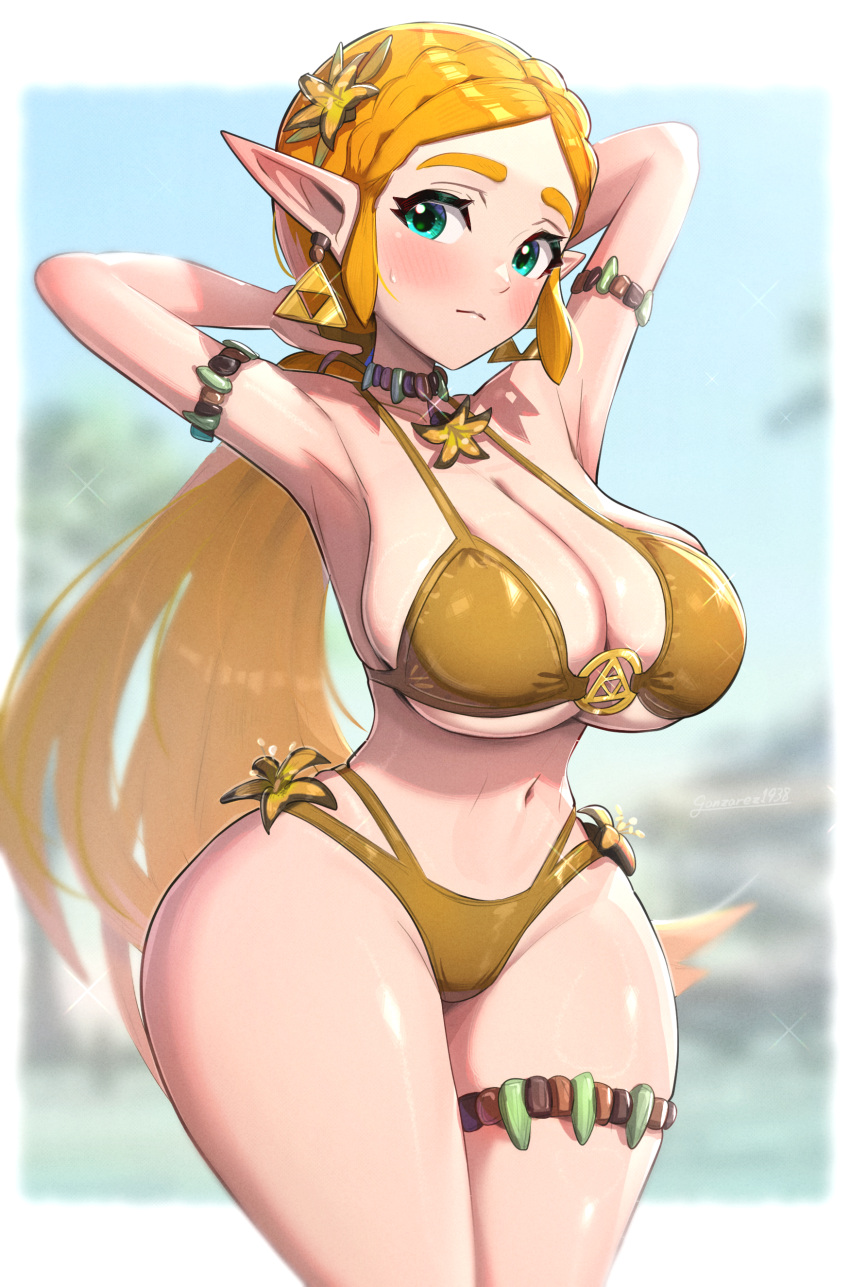 1girl alluring big_breasts bikini blonde_hair cleavage female_only gold_bikini gonzarez nintendo princess_zelda swimsuit tagme the_legend_of_zelda the_legend_of_zelda:_tears_of_the_kingdom