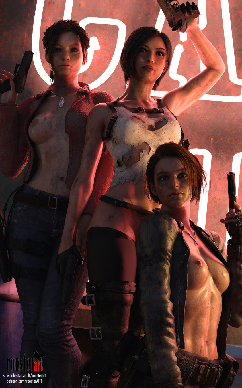 10:16 3d 3d_(artwork) 4k ada_wong belly belly_button breasts breasts breasts claire_redfield claire_redfield_(jordan_mcewen) dirty dirty_face dirty_skin erect_nipples female_focus gun jill_valentine jill_valentine_(sasha_zotova) medium_breasts necklace nipples partially_clothed patreon patreon_username resident_evil roosterart standing torn_clothes torn_clothing