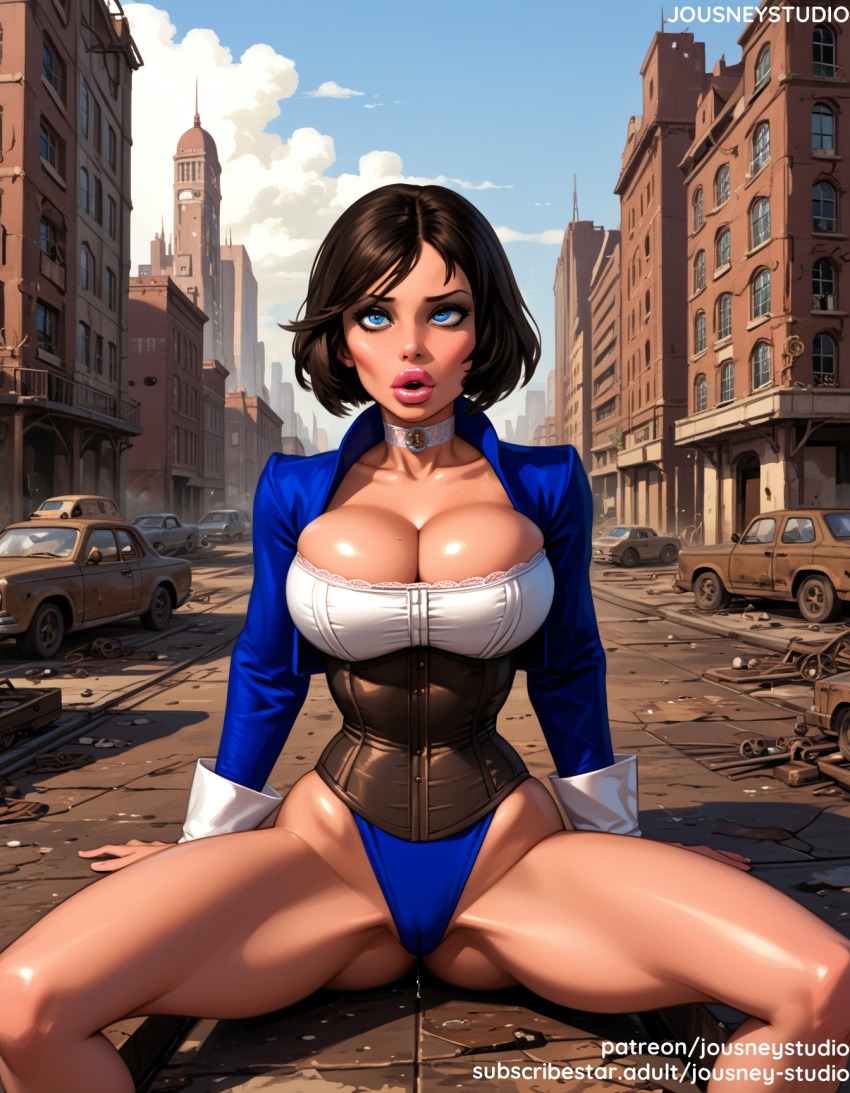 1girl 1girl 1girl adapted_costume ai_generated arm_support bangs big_breasts bioshock bioshock_infinite black_hair blue_eyes blue_jacket blue_leotard blue_sky bob_cut breasts brown_hair building cameltoe car choker city cityscape cleavage clothing cloud cloudy_sky corset day elizabeth elizabeth_(bioshock_infinite) elizabeth_comstock eyeshadow female_only ground_vehicle highleg highleg_leotard jacket jewelry jousneystudio leotard lips lipstick long_sleeves looking_at_viewer makeup motor_vehicle outside parted_lips red_lips road short_hair sitting skindentation sky spread_legs thick_thighs thighs underbust underwear vehicle