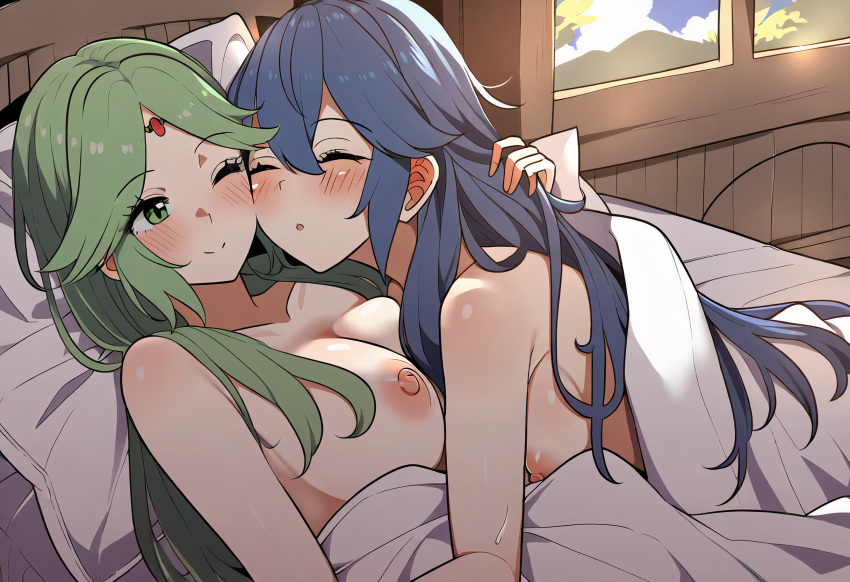 1girl 2_girls ai_generated bedroom fire_emblem fire_emblem_awakening kid_icarus lesbian_couple lucina lucina_(fire_emblem) nintendo nude palutena phyneo tagme yuri