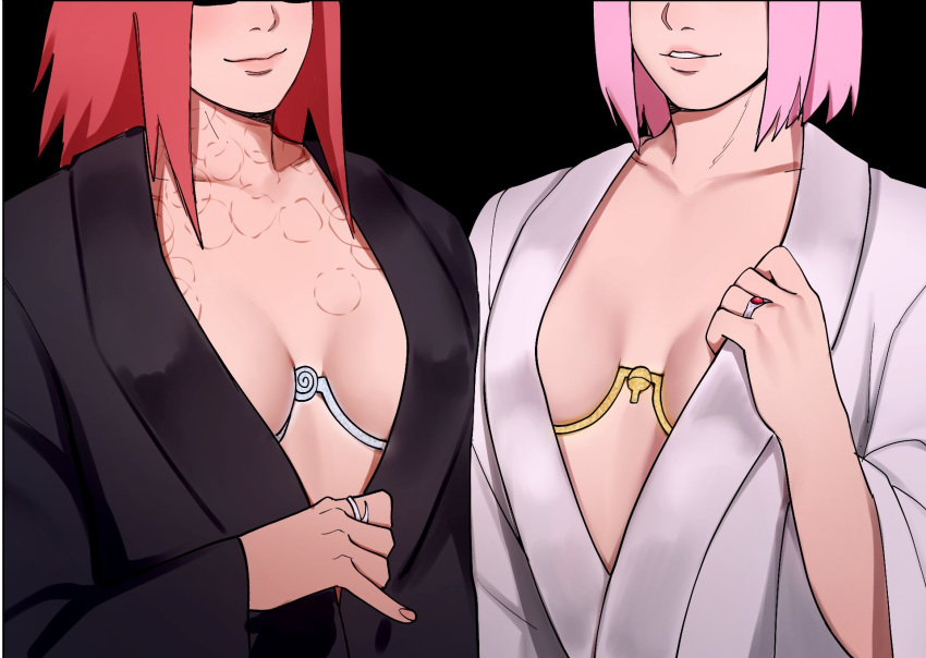 2_girls glasses karin_uzumaki lingerie naruto_shippuden open_clothes pink_hair red_hair sakura_haruno smirk suika_suigetsu wedding_ring