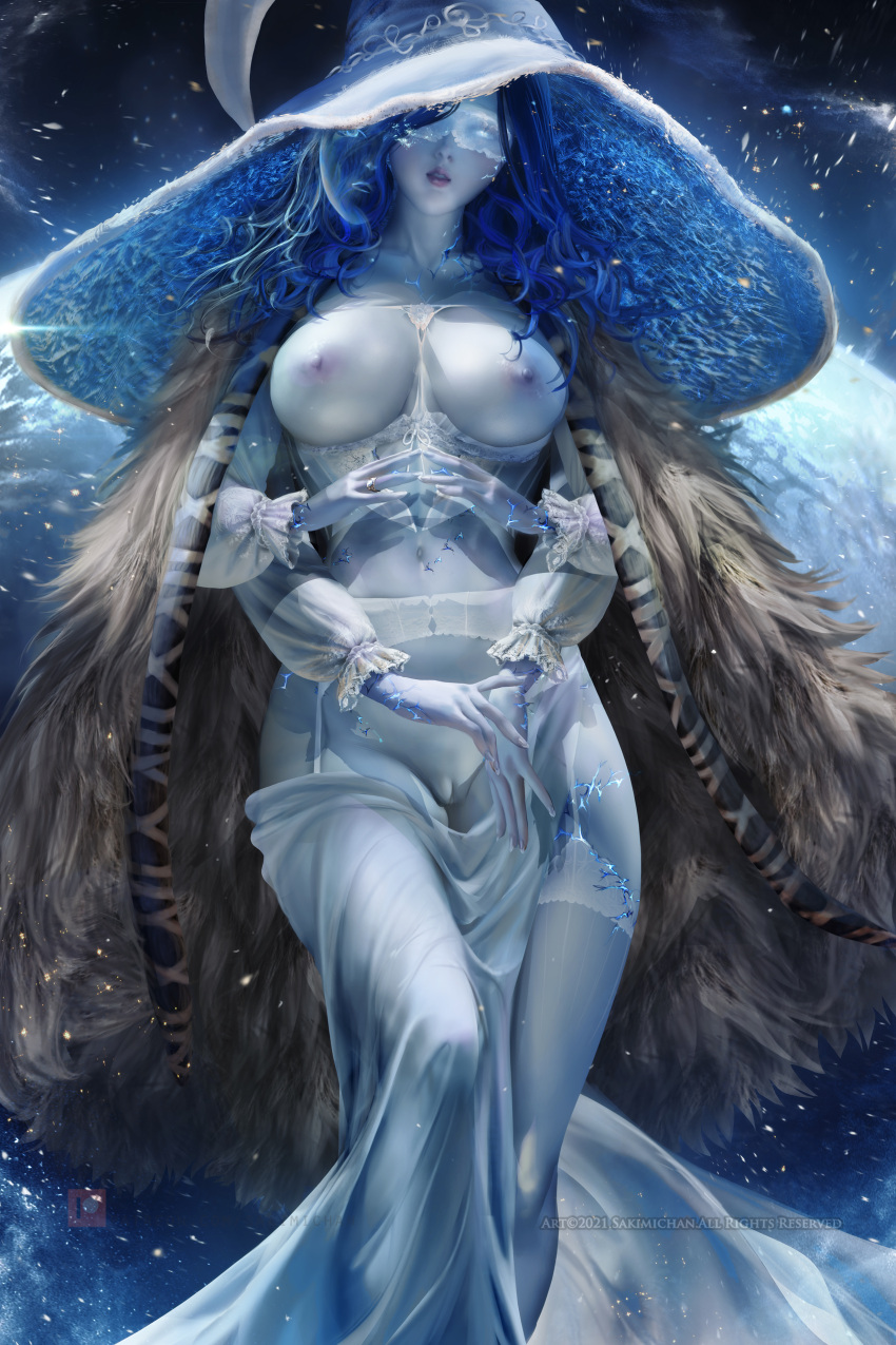 1girl big_breasts blue_eyes blue_hair bubble_butt cleavage elden_ring horny inviting_to_sex looking_at_viewer naked naked_female nude nude_female pose ranni_(elden_ring) ranni_the_witch sakimichan shaved_pussy standing stockings teasing thick_thighs