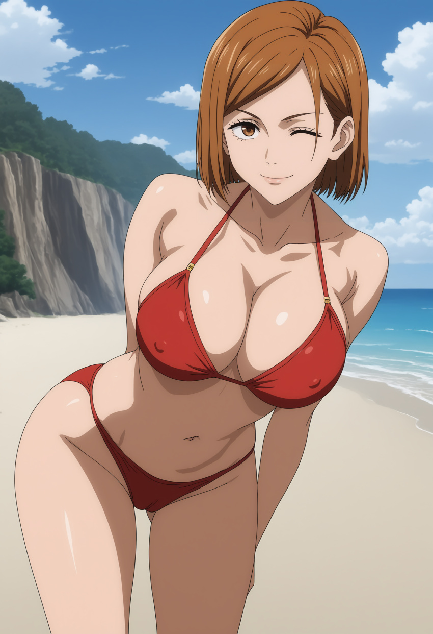 1girl accurate_art_style alluring androidparanoid bare_legs beach big_breasts bikini blue_sky brown_eyes brown_hair cleavage jujutsu_kaisen kugisaki_nobara nobara_kugisaki ocean orange_hair pin_up posing solo wink