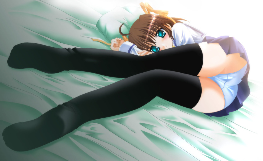 1girl asakura_nemu ass bed black_legwear black_thighhighs blush brown_hair da_capo da_capo_i feet green_eyes hair_ribbon hentai highres legs lying on_side otoki_raku panties pantyshot pantyshot_(lying) pleated_skirt ribbon school_uniform serafuku short_hair skirt solo thighhighs underwear upskirt white_panties