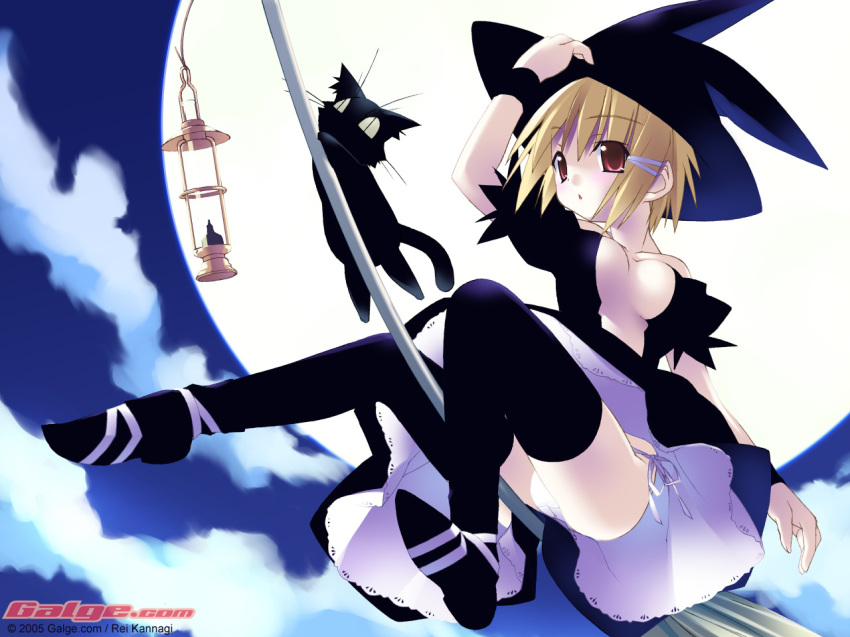 blonde_hair breasts broom cat cleavage galge.com hat hentai kannagi_rei lantern moon panties pantyshot thighhighs underwear wallpaper witch_hat