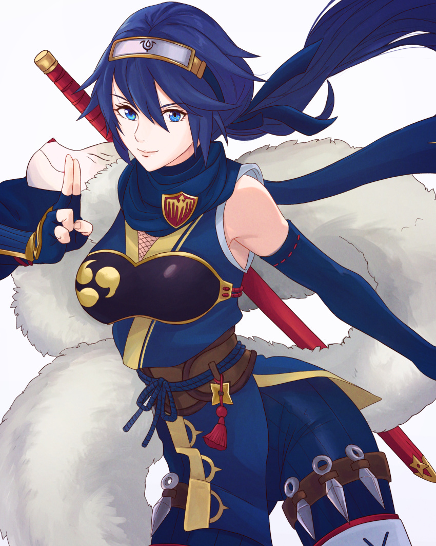 1girl absurd_res alluring blue_eyes blue_gloves blue_hair blue_scarf brand_of_the_exalt closed_mouth commentary detached_sleeves english_commentary eyelashes fingerless_gloves fire_emblem fire_emblem_awakening fire_emblem_heroes forehead_protector gloves hair_between_eyes high_res japanese_clothes kitsune_mask kuji-in kunai long_hair looking_at_viewer lucina lucina_(fire_emblem) lucina_(ninja)_(fire_emblem) mask mask_on_shoulder mouth_mask ninja ninja_mask nintendo official_alternate_costume ponytail scarf single_bare_shoulder symbol_in_eye truejekart very_long_hair weapon white_background