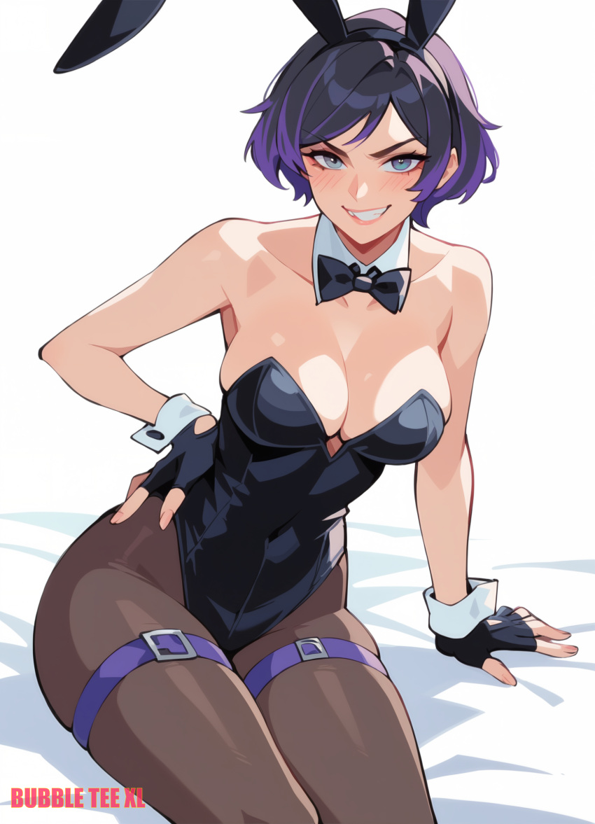 1girl alluring black_and_purple_hair bubbleteexl bunny_ears_headband cleavage fingerless_gloves leggings medium_breasts namco playboy_bunny_leotard purple_eyes reina_(tekken) short_hair tekken tekken_8