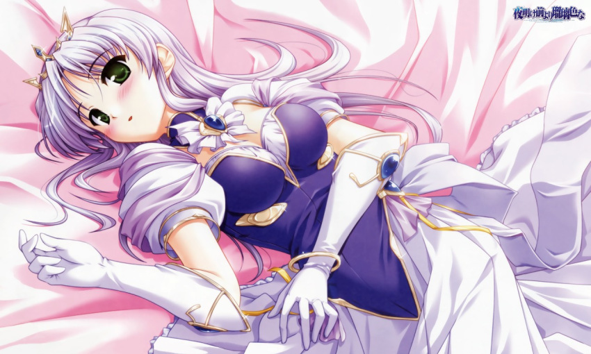 bed_sheet bekkankou blush crown dress elbow_gloves feena_fam_earthlight gloves green_eyes hentai lavender_hair long_hair lying on_back pink_hair ribbon sheets tiara yoake_mae_yori_ruri_iro_na