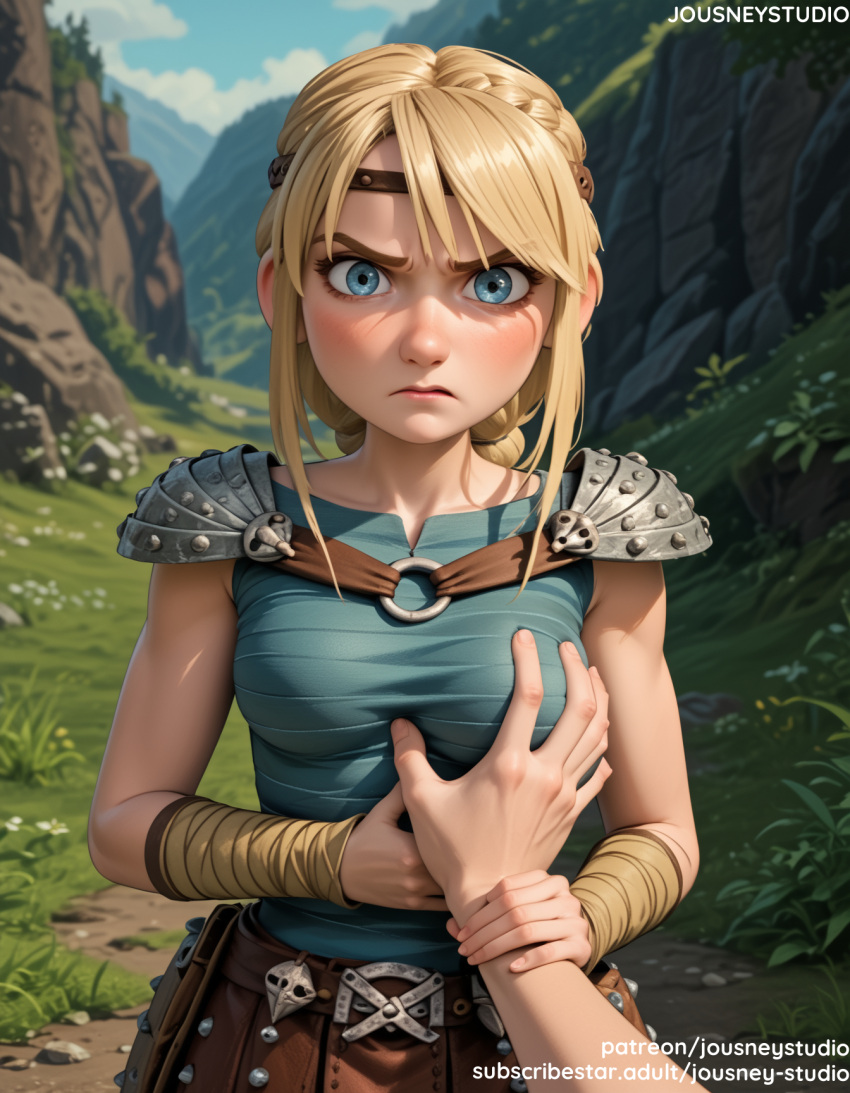 1boy 1girl 1girl 1girl ai_generated angry armor astrid_hofferson bangs belt big_breasts blonde_hair blue_eyes blue_sky blush braid breast_grab breasts closed_mouth clothing cloud crown_braid day forest frown grabbing grass groping guided_breast_grab guiding_hand hetero how_to_train_your_dragon jewelry jousneystudio lips long_hair looking_at_viewer male medium_breasts mismatched_eyebrows nature nose outside pouch pov_hands short_hair shoulder_armor shoulder_pads sidelocks sky solo_focus the_legend_of_zelda tied_hair tree upper_body