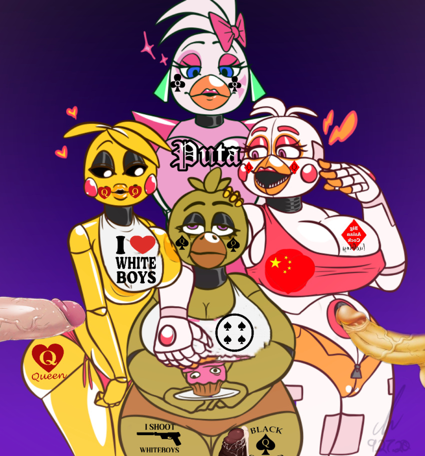 1girl 4girls animatronic arm_around_shoulders big_breasts breast_press breasts chica_(fnaf) clothes_writing female_only five_nights_at_freddy's five_nights_at_freddy's:_security_breach five_nights_at_freddy's_2 funtime_chica_(fnaf) glamrock_chica_(fnaf) graciouslycurvaceous gradient_background huge_breasts multiple_girls queen_of_clubs queen_of_diamonds queen_of_hearts queen_of_spades robot sharp_teeth signature simple_background toy_chica_(fnaf)