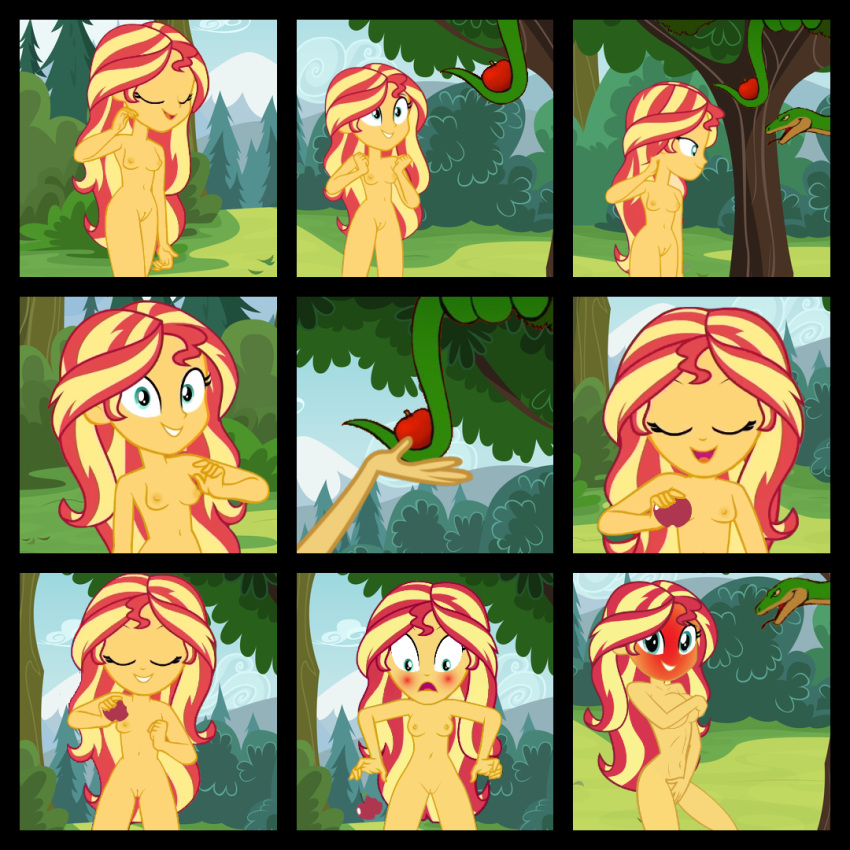 1girl adam_and_eve blush blushing_profusely breasts completely_nude covering covering_breasts covering_crotch embarrassed embarrassed_nude_exposure equestria_girls forest fruit garden_of_eden human my_little_pony nature nipples nudity older older_female pussy serpent snake sunset_shimmer vulva young_adult young_adult_female young_adult_woman