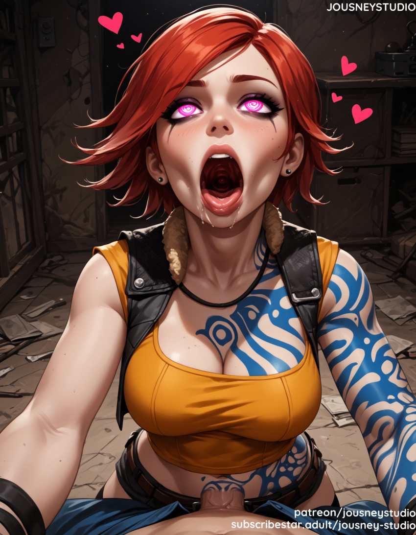 1boy 1girl ahegao ai_generated arm_tattoo bangs bare_shoulders belt belt_buckle big_breasts black_shorts black_vest blue_vest blush borderlands borderlands_2 borderlands_3 breast_tattoo breasts buckle cleavage clothed_female_nude_male clothing cowgirl_position crop_top denim earrings english_language english_text erection eyelashes facial_tattoo flipped_hair freckles girl_on_top glowing_eyes heart heart-shaped_pupils heart_tattoo hetero indoors jewelry lilith_(borderlands) lips lipstick looking_at_viewer looking_up makeup male male_pov midriff mind_control navel nipples nose on_top open_clothes open_mouth open_vest original parted_bangs penis piercing pink_eyes pubic_hair red_hair red_lips saliva semen sex shirt short_hair short_shorts shorts sleeveless solo_focus spread_legs stomach_tattoo straddling stud_earrings sweat swept_bangs symbol-shaped_pupils tattoo teeth text thighs tongue tongue_out torn_clothes upper_teeth_only vaginal veins veiny_penis vest