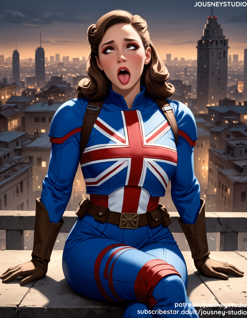 1girl 1girl 1girl agent_carter ahegao ai_generated arm_support bangs belt big_breasts bodysuit boots breasts brown_eyes brown_gloves brown_hair building captain_carter city cityscape clothing cloud crossed_legs curly_hair day female_only gloves jousneystudio lips long_hair looking_at_viewer looking_up makeup marvel_comics medium_breasts medium_hair nose open_mouth oral_invitation outside pants sitting sky superhero teeth tongue tongue_out what_if