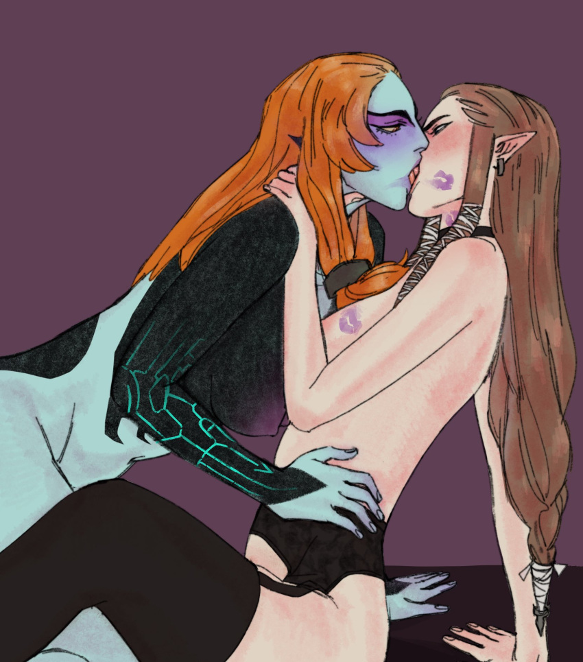 2_girls brown_hair kiss_mark kissing midna orange_hair pointy_ears princess_zelda scubabyy the_legend_of_zelda yuri