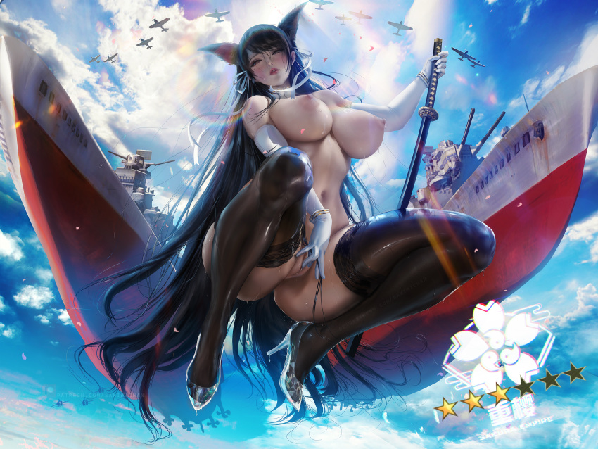 1girl atago_(azur_lane) azur_lane big_breasts black_hair brown_eyes bubble_butt cleavage horny inviting_to_sex leg_lift legs_up looking_at_viewer naked naked_female nude nude_female pose sakimichan spread_legs stockings teasing thick_thighs