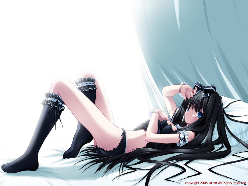 1girl arm_garter bed black_hair black_legwear black_panties blue_eyes bow bra bracelet breasts covered_nipples duplicate frilled_panties frills gothic_lolita hair_bow hentai highres jewelry kneehighs legs lingerie lolita_fashion long_hair lying maya_(triptych) nimura_yuuji on_back panties pillow pixel-perfect_duplicate small_breasts socks solo triptych underwear underwear_only very_long_hair wallpaper