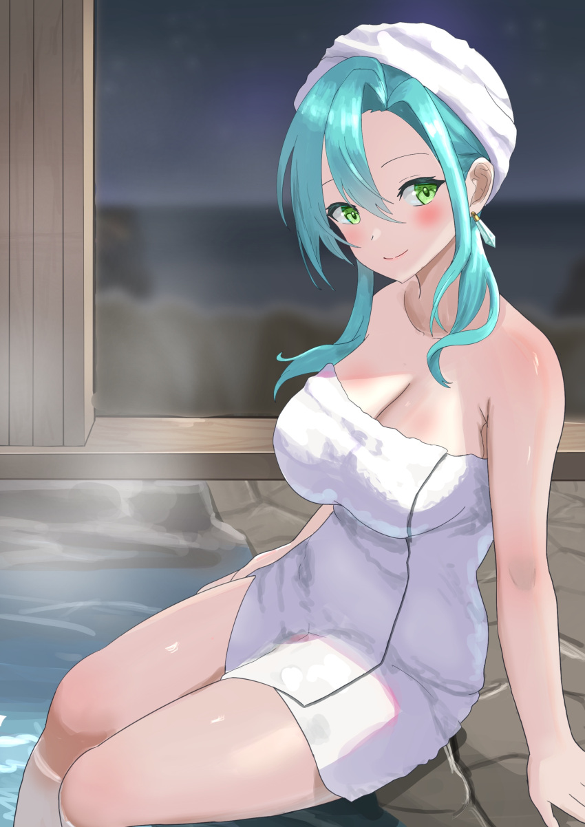 1girl 1girl 1girl alluring alternate_hairstyle arm_support bare_arms bare_shoulders bare_thighs blush chloe_(fire_emblem) earrings female_only fire_emblem fire_emblem_engage hair_between_eyes medium_breasts naked_towel night nintendo onsen short_hair shoulders sidelocks sitting smile steam tarutaru193 thighs towel