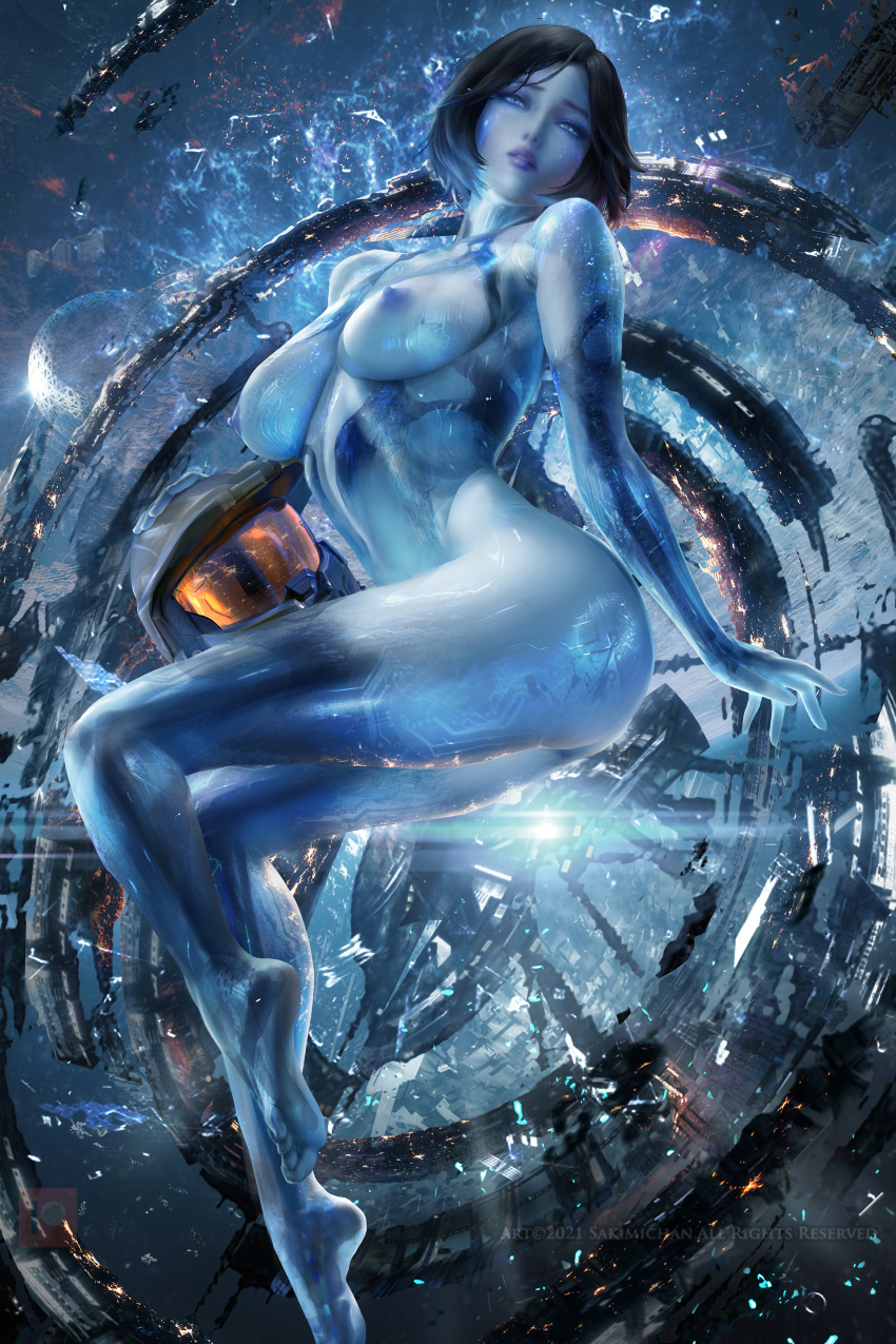 1girl big_breasts black_hair blue_eyes bubble_butt cleavage cortana halo_(game) halo_(series) halo_3 halo_4 halo_5:_guardians horny inviting_to_sex looking_at_viewer naked naked_female nude nude_female pose sakimichan teasing thick_thighs