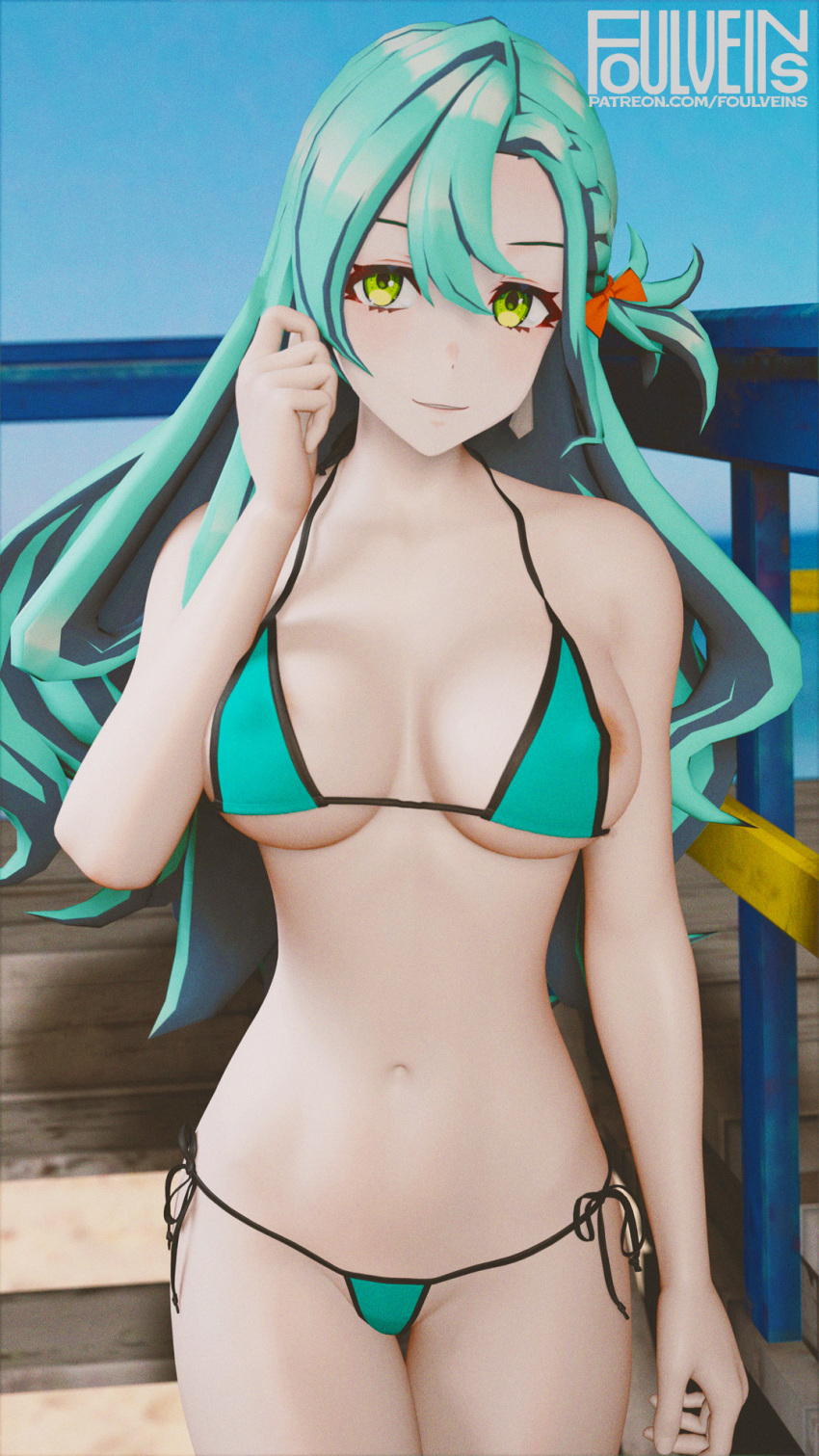 1girl 1girl 1girl 3d alluring alternate_costume areola areola_slip bare_thighs bikini blue_bikini blue_swimsuit braid chloe_(fire_emblem) earrings female_only fire_emblem fire_emblem_engage foulveins green_eyes hair_between_eyes looking_at_viewer medium_breasts nintendo outside sideboob smile swimsuit thighs under_boob very_long_hair