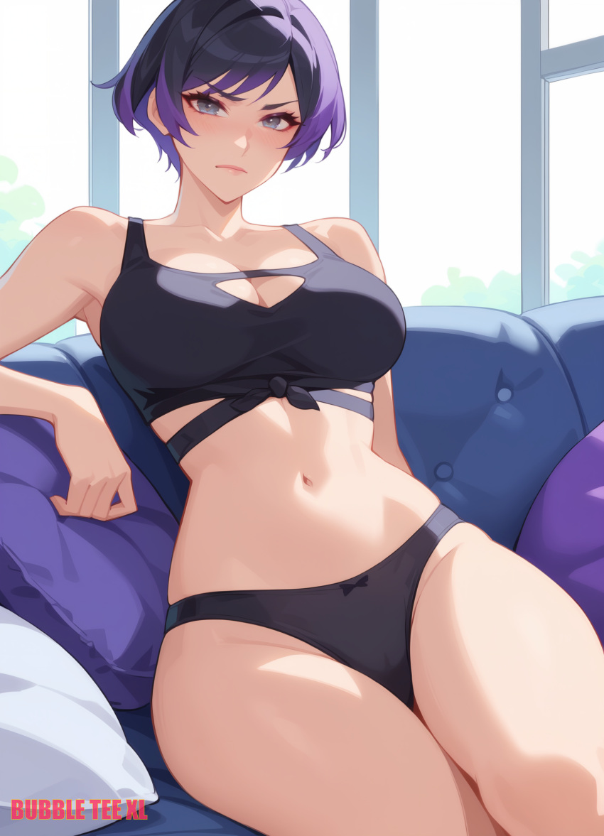 1girl 1girl alluring athletic_female black_and_purple_hair bra bubbleteexl fit_female namco panties purple_eyes reina_(tekken) short_hair tekken underwear