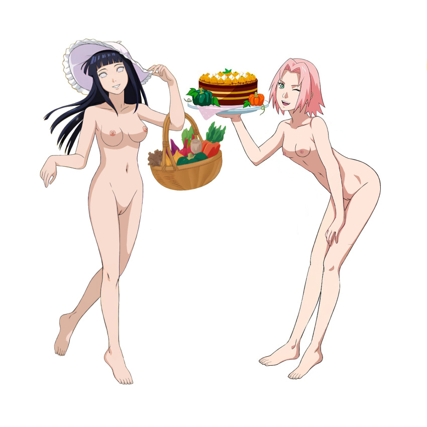 2girls bare_legs barefoot big_breasts black_hair completely_nude_female full_body grey_eyes hinata_hyuuga naruto naruto_shippuden nude pink_hair sakura_haruno tagme teal_hair