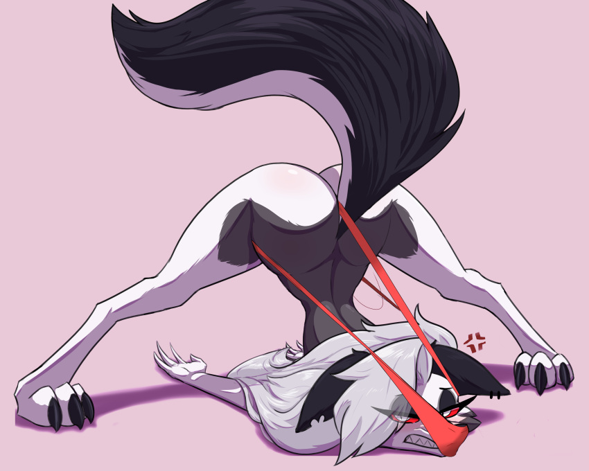 1girl 1girl absurd_res angry anthro ass ass_up atomic_wedgie bullying canid canid_demon carbonfloof clothed clothing convenient_censorship cross-popping_vein demon fur grey_body grey_fur hair hair_covering_breasts hellhound helluva_boss high_res jack-o'_pose long_hair loona_(helluva_boss) mammal panties pose red_clothing red_panties red_underwear silver_hair third-party_edit thong topless topless_anthro topless_female underwear wedgie