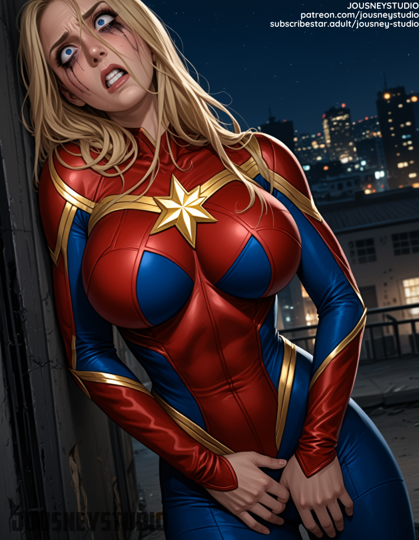 1girl ai-created ai_generated big_breasts blonde_hair blue_eyes bodysuit breasts building captain_marvel carol_danvers city clenched_teeth clothing covered_navel english_language female_only jousneystudio lips long_hair looking_at_viewer marvel marvel_cinematic_universe marvel_comics night outside sky superhero superheroine teeth text