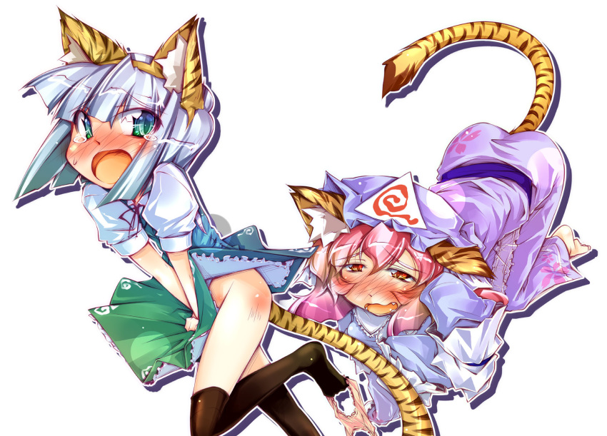 2girls all_fours animal_ears ass blush embarrassed fang female footwear green_eyes hat highres japanese_clothes kemonomimi_mode kneehighs konpaku_youmu multiple_girls narumiya narumiya_(artist) nekomimi open_mouth orange_eyes panties panties_around_leg pink_hair saigyouji_yuyuko short_hair socks tail tear tears thighhighs tiger_ears tiger_tail touhou youmu_konpaku yuyuko_saigyouji