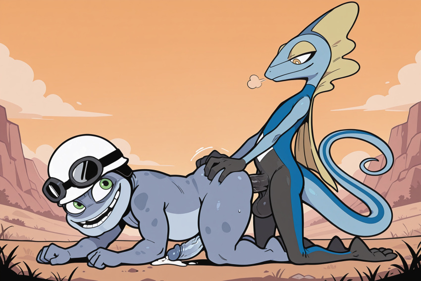 3_fingers 3_toes 4_fingers absurd_res ai_generated all_fours amphibian anal anal_penetration anthro anthro_on_anthro anthro_penetrated anthro_penetrating anthro_penetrating_anthro armor balls big_balls big_penis biped black_body blue_body bodily_fluids breath crazy_frog crossover cum cum_on_body cum_on_ground cum_on_penis duo eyewear feet fingers frog generation_8_pokemon genital_fluids genitals goggles green_eyes hand_on_butt headgear helmet high_res huge_penis inteleon jamba kneel long_tail looking_at_another looking_at_partner looking_at_viewer male male/male male_penetrated male_penetrating male_penetrating_male mouth_closed nintendo open_mouth open_smile penetration penile penile_penetration penis penis_in_ass plains pokemon pokemon_(species) pupils reptile scalie sex smile smiling_at_another smiling_at_partner smiling_at_viewer tail teeth toes vein veiny_penis white_body white_pupils yellow_body yellow_eyes yiff_ai_(director)