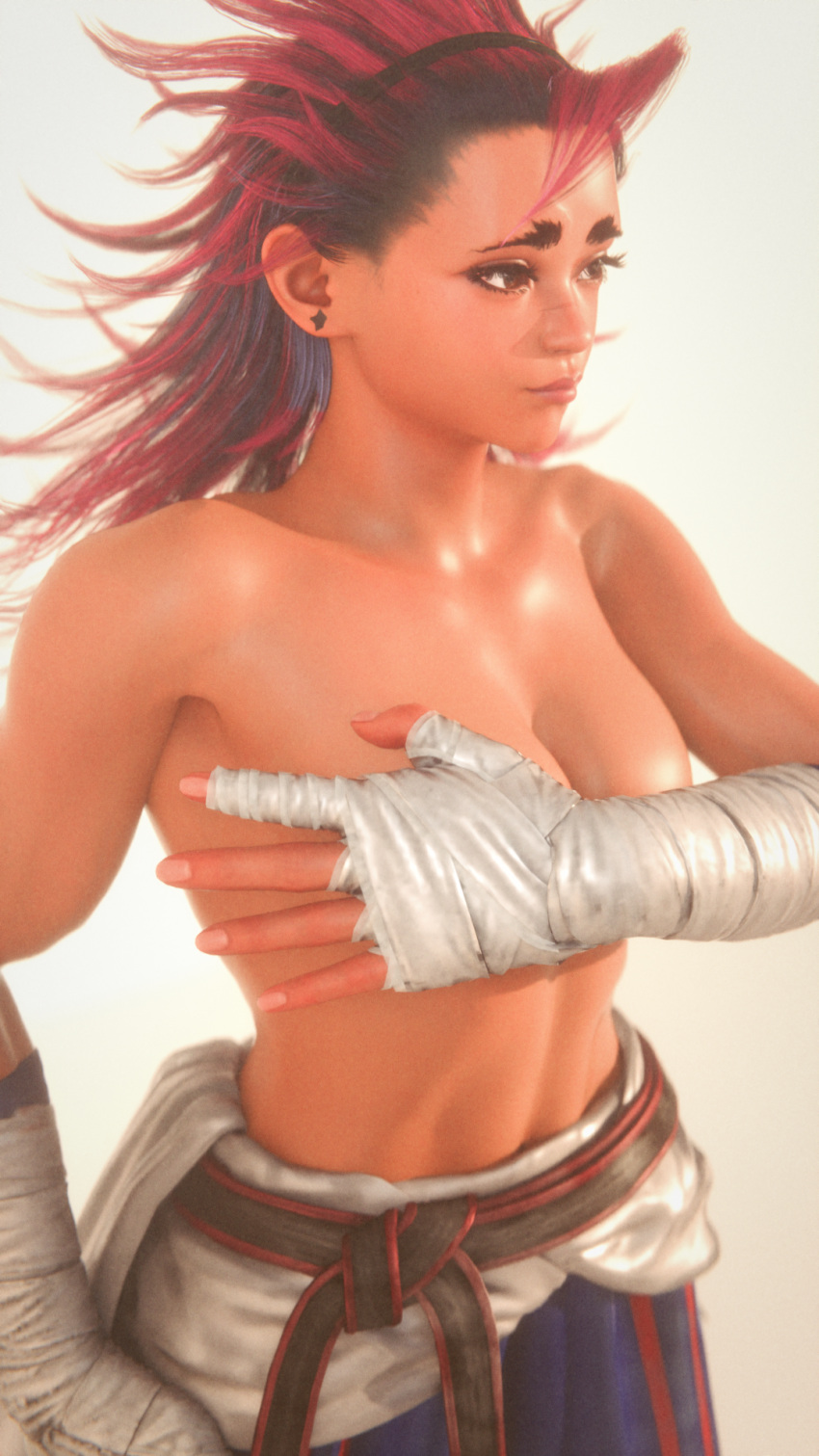 1girl 1girl 1girls 3d athletic_female blender brown_eyes capcom covering_breasts dark-skinned_female filipino_female forsavide long_hair street_fighter street_fighter_6 topless two-tone_hair yasmine_(street_fighter)