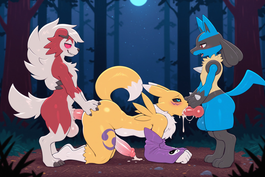 3_fingers 3_toes 4_fingers absurd_res ai_generated all_fours anal anal_penetration animal_genitalia anthro anthro_on_anthro anthro_penetrated anthro_penetrating anthro_penetrating_anthro balls bandai_namco big_balls big_penis biped black_body black_claws black_fur black_sclera blue_body blue_eyes blue_fur blush blush_lines bodily_fluids claws crossover cum cum_in_mouth cum_inside cum_on_body cum_on_face cum_on_ground cum_on_penis digimon digimon_(species) fangs feet fellatio fingers forest fur generation_4_pokemon generation_7_pokemon genital_fluids genitals grin group half-closed_eyes hand_on_butt high_res huge_balls huge_penis long_ears looking_at_another looking_at_partner lucario lycanroc male male/male male_penetrated male_penetrating male_penetrating_male markings midnight_lycanroc moon narrowed_eyes neck_tuft night nintendo open_mouth oral outside_sex paws penetration penile penile_penetration penis penis_in_ass penis_in_mouth pink_eyes pink_pupils pink_sclera plant pokemon pokemon_(species) pupils purple_markings purple_sleeves red_body red_eyes red_fur renamon sex sharp_teeth sheath sleeves smile smiling_at_another smiling_at_partner snout spikes spikes_(anatomy) standing star teeth toe_claws toes tongue tongue_out tongue_out_fellatio tree trio tuft vein veiny_penis white_body white_fur yellow_body yellow_fur yiff_ai_(director) yin_yang