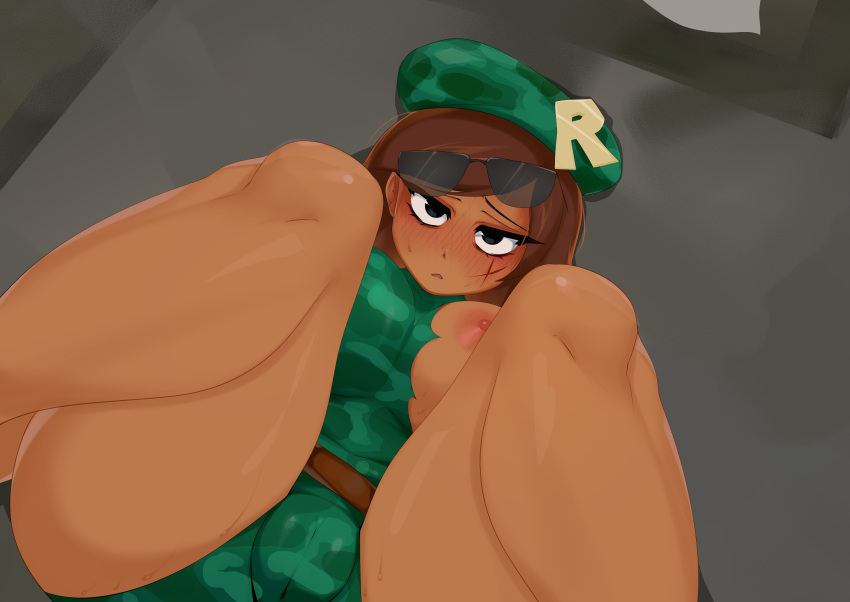 1girl 2024 absurd_res areola belt beret black_eyes blush_lines blushing breasts brown_hair cameltoe cami_(project_remix) camouflage exposed_breast female_focus green_clothing hat high_res legs_apart leotard long_hair looking_at_viewer military military_girl military_uniform nervous nipple open_mouth project_remix pussy pussy_visible_through_clothes ripped_clothes ripped_clothing ripped_leotard roblox roblox_game scar solo squishyte sunglasses sweatdrops tan_skin thick_thighs thighs