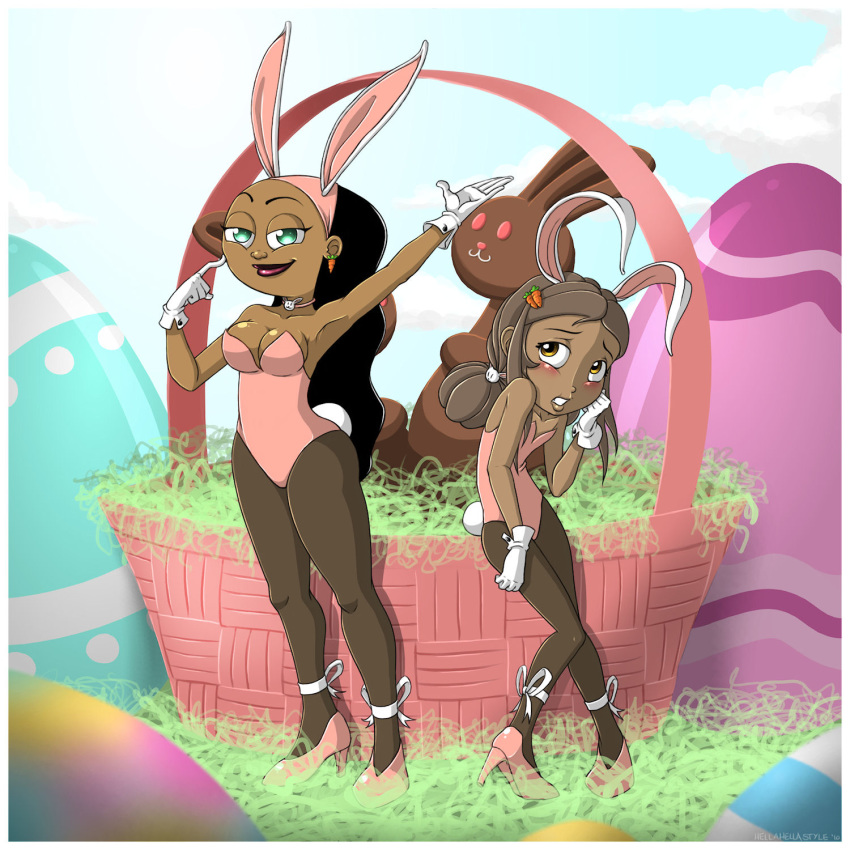 2_girls 2girls basket black_hair blush breasts brown_eyes brown_hair bunny_ears bunnysuit chocolate chocolate_bunny choker crossover danny_phantom dark_skin earring earrings easter easter_basket easter_egg egg female_only flat_chest* flat_chested gloves gold_eyes green_eyes hair hairband hellahellastyle high_heels long_hair monster_buster_club multiple_girls pantyhose sam_(monster_buster_club) small_breasts valerie_gray