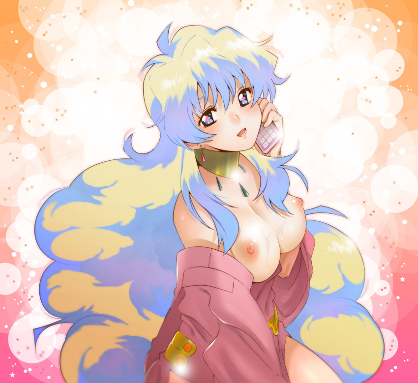 +_+ 1girl bare_shoulders breasts cum earrings jewelry long_hair looking_at_viewer multicolored_hair necklace nia_teppelin nipples smile solo tengen_toppa_gurren_lagann very_long_hair yukimitsuki