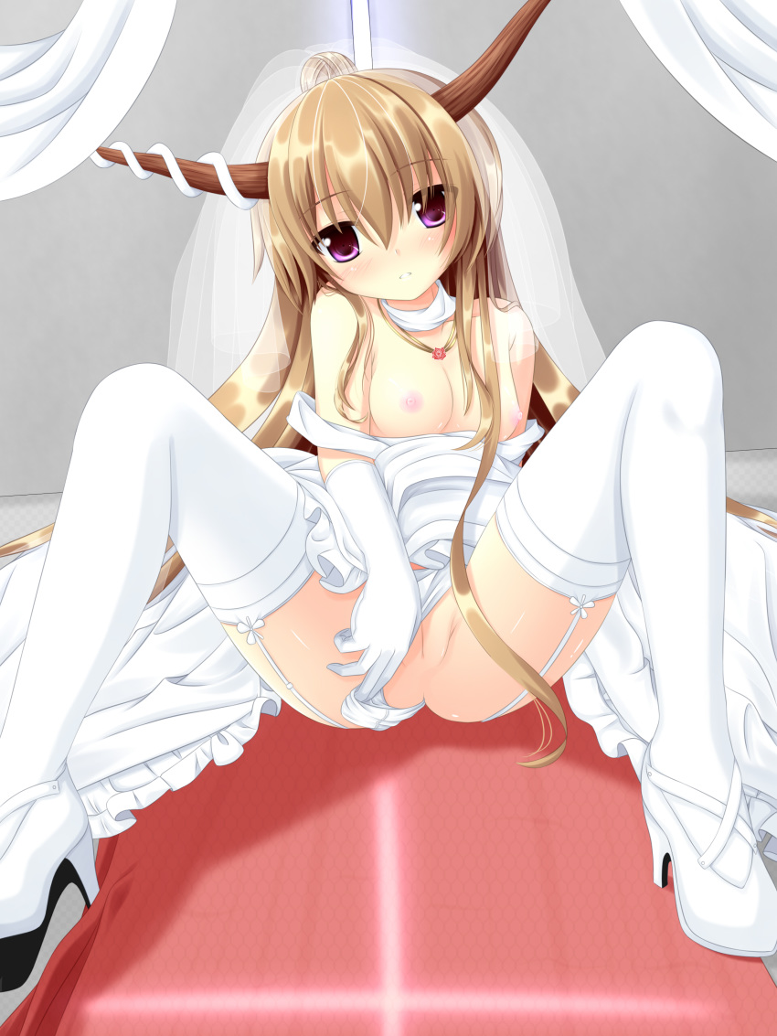 1girl absurdres breasts bridal_veil bride brown_hair dress female garter_straps gloves high_heels highres horns ibuki_suika long_hair masiroke nipples pink_eyes pussy shoes skirt solo thighhighs touhou uncensored veil wedding_dress white_gloves white_legwear white_thighhighs yoye_(pastel_white)