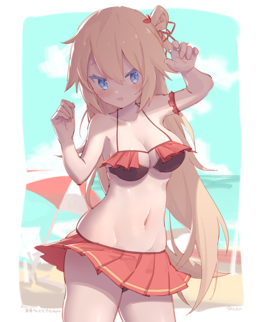 1girl 1girl akai_haato alternative_costume armband armpits ass bangs bare_shoulders beach bikini bikini_skirt bikini_top black_bikini black_bikini_top black_swimsuit blonde blue_eyes blue_sky blush breast_curtains breasts clavicle cleavage frilled_armband groin hair_bun hair_ornament heart high_resolution hololive long_hair navel official_alternate_costume red_bikini red_bikini_top sand shippitsu sky smile swimsuit swimsuit_skirt thighs tied_hair umbrella very_high_resolution virtual_youtuber