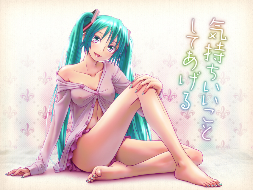 1girl aqua_eyes aqua_hair aqua_nails arm_support bare_legs barefoot blush buttons collarbone erect_nipples feet fingernails hand_on_own_knee hatsune_miku head_tilt high_res highres legs long_hair long_legs microskirt miku_hatsune nail_polish navel nipples no_bra off_shoulder open_clothes open_mouth pleated_skirt see-through sitting skirt smile soles solo solo_female takouji thighs toenail_polish toenails toes translated twin_tails very_long_hair vocaloid wokada wokada_(takouji)