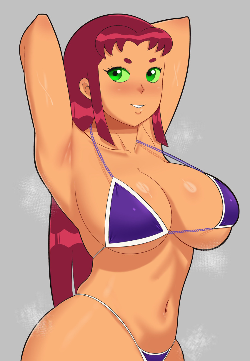 1girl 1girl 1girl bikini bikini_top breasts coldarsenal dc_comics female_focus female_only green_eyes hands_behind_head looking_at_viewer navel purple_bikini purple_swimsuit red_hair simple_background solo_female solo_focus starfire swimsuit teen_titans toned toned_belly toned_body toned_female toned_stomach