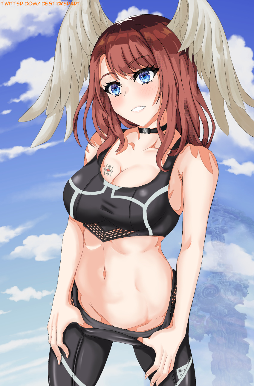 1girl absurd_res alluring asymmetrical_bangs big_breasts black_pants blue_eyes blue_sky breast_tattoo breasts brown_hair cleavage clothes_pull cloud collarbone crop_top eunie_(xenoblade) feathered_wings groin head_wings high_res icesticker medium_hair navel nintendo pants pants_pull parted_lips simple_background sky smile standing tattoo white_wings wings xenoblade_(series) xenoblade_chronicles_3