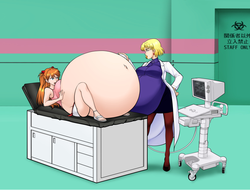 2_girls annoyed asuka_langley_souryuu big_breasts blonde_hair blue_eyes brown_hair green_eyes hyper_pregnancy neon_genesis_evangelion pregnant pregnant_belly pregnant_female ritsuko_akagi saburox