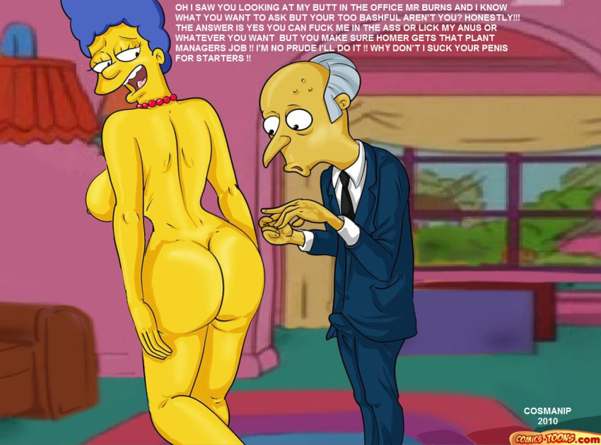 ass big_breasts blue_hair breasts cosmic cosmic_(artist) hair marge_simpson montgomery_burns sexy_ass text the_simpsons yellow_skin