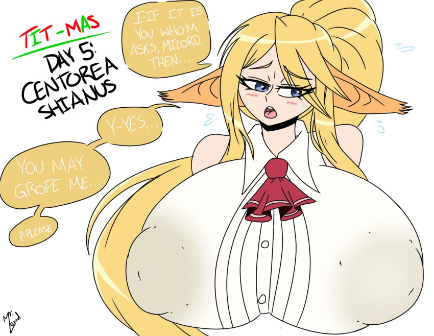 1girl animal_ears big_breasts big_breasts blonde_hair blue_eyes breasts centaur centorea_shianus clothed clothes clothing huge_breasts huge_nipples monster_girl monster_musume_no_iru_nichijou mr.lewd nipple_bulge nipples nipples_visible_through_clothing sweat tit-mas_(mr.lewd)