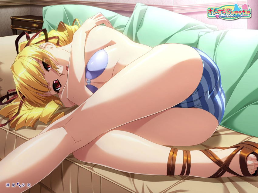 1600x1200 blonde_hair breasts cg couch drill_hair feet hentai highres legs long_hair lying oshioki_sweetie panties red_eyes ribbon ribbons shinmeiji_rinn striped striped_panties toes underboob underwear wallpaper