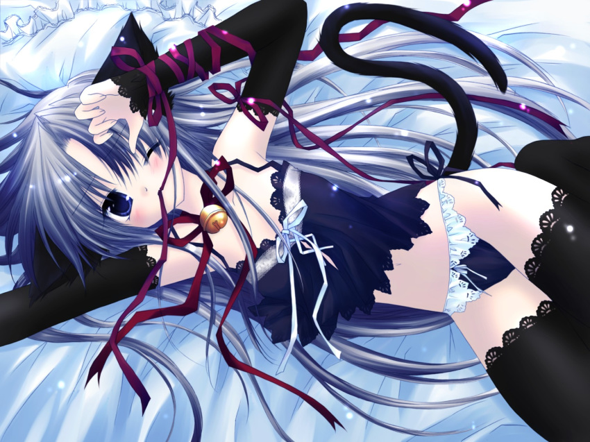 1girl animal_ears bed bell black_panties blue_hair bow bow_panties cat_ears cat_tail catgirl elbow_gloves gloves hentai highres lingerie long_hair panties pure_pure ribbon ribbons sakurazawa_izumi solo tail thigh-highs thighhighs tobari tobari_(pure_pure) underwear wallpaper