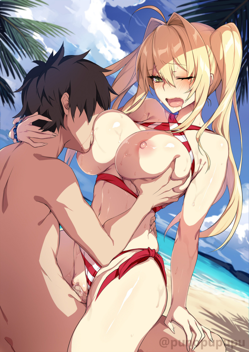 1boy 1girl beach big_breasts bikini bikini_aside blonde breast_sucking breasts brown_hair cowgirl_position duo fate/grand_order fate_(series) fingernails fujimaru_ritsuka_(male) hetero hetero_sex high_resolution long_fingernails male nero_claudius_(fate) nipples nursing sex sharp_fingernails straddling swimsuit vaginal very_long_fingernails zeroshiki_kouichi