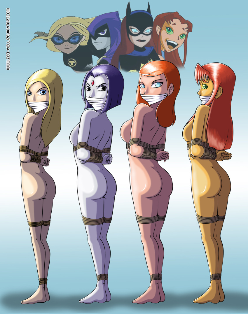 4girls arms_behind_back ass barbara_gordon batgirl batman_(series) big_breasts blonde_hair blue_eyes bondage breasts dc_comics dcau erect_nipples female gag green_eyes grey_skin hands_behind_back humite-ubie long_hair looking_at_viewer looking_back medium_breasts nipples nude orange_hair orange_skin purple_eyes purple_hair purple_skin raven_(dc) short_hair sideboob small_breasts standing starfire teen_titans terra the_new_batman_adventures tied_up zeo-nell