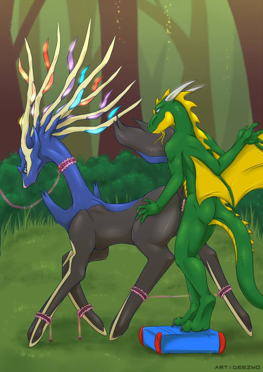 2014 anthro_on_feral bound cervine collar deer deezmo dragon feral from_behind hetero no_humans oc penis pokemon pokemon_xy scalie sex xerneas