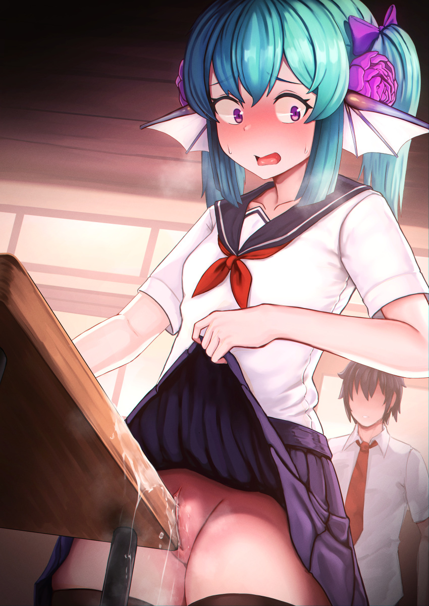 1girl 1guy blush caught_in_the_act clothed cum desk desk_hump desk_sex finana_ryugu headfins neroshi nijisanji pussy pussy school_uniform table_sex virtual_youtuber vtuber