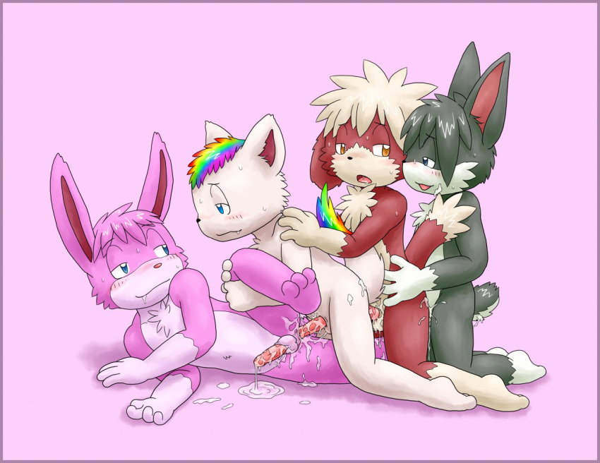 anal blue_eyes blush border cub feline foursome full_body lagomorph love_train male male_only multicolored_hair open_mouth orange_eyes rabbit rainbow_hair rainbow_pattern revy snugglebunny tail termeneko yaoi yellow_eyes